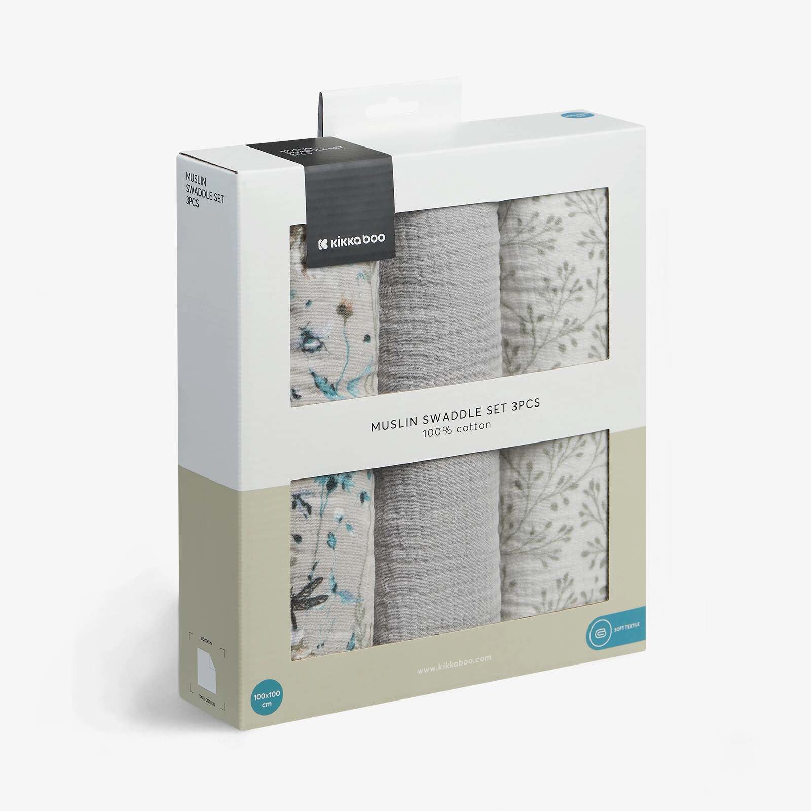 KikkaBoo® Povijalne pleničke iz muslina 3 kosi 100x100 cm Dreamy Fields Grey KikkaBoo