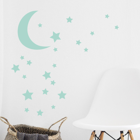 Slika Pick Art Design® Stenske nalepke Luna z zvezdicami Mint