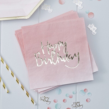 Ginger Ray® Papirnate serviete Pink Ombre Happy Birthday 20 kosov