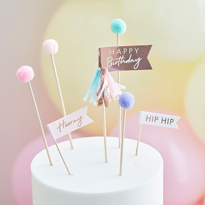 Picture of Ginger Ray® Baking decorations Mix It Up Happy Birthday Pom Poms Pastel (12 pieces)