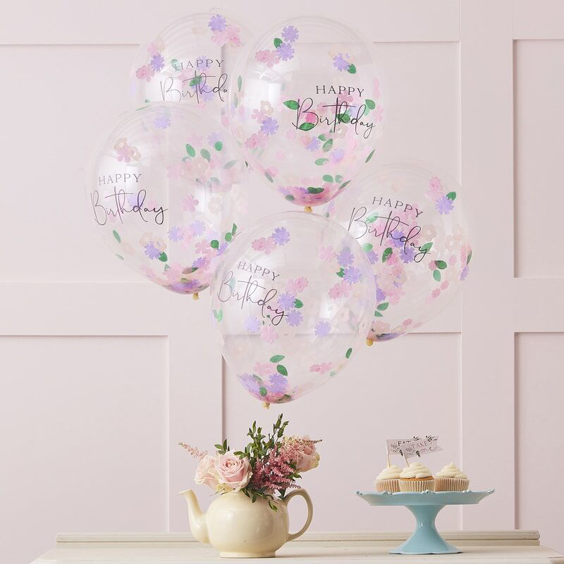 Ginger Ray® Baloni s konfeti Floral Happy Birthday 5 kosov