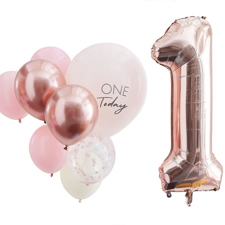 Ginger Ray® Baloni za praznovanje 1. rojstnega dne Mix It Up Pink Rose Gold