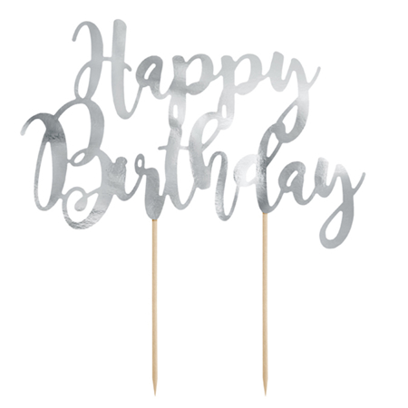Slika Party Deco® Napis za torto Happy Birthday Silver