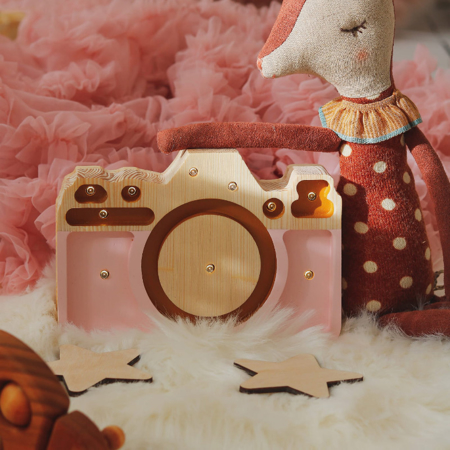Little Lights® Ročno izdelana lesena lučka Camera Mini Powder Pink/Mustard