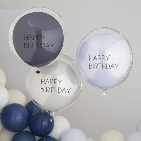Slika Ginger Ray® Set 3 balonov Blue & Grey Double Layered Happy Birthday