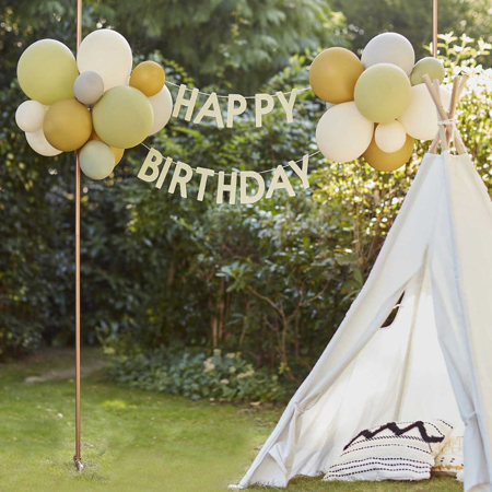 Slika Ginger Ray® Napis Happy Birthday z baloni Green, Grey, Sand & Gold Chrome