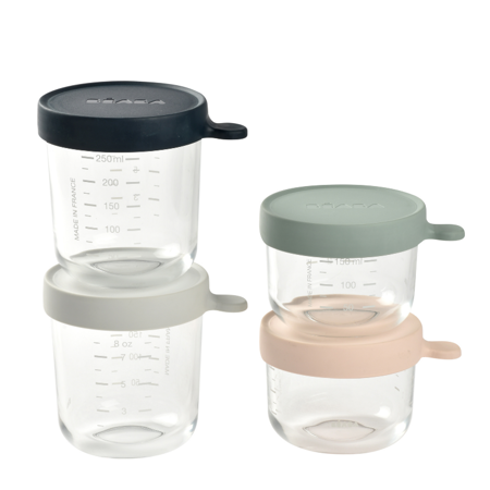 Beaba® Set 4 steklenih posodic za shranjevanje 150 ml Pink / 150 ml Eucalyptus / 250 ml Light Mist / 250 ml Dark Blue