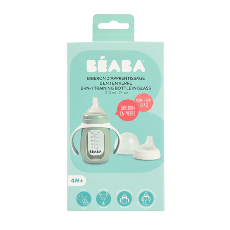 Beaba® Steklena steklenička za učenje pitja 2v1 210ml Sage Green