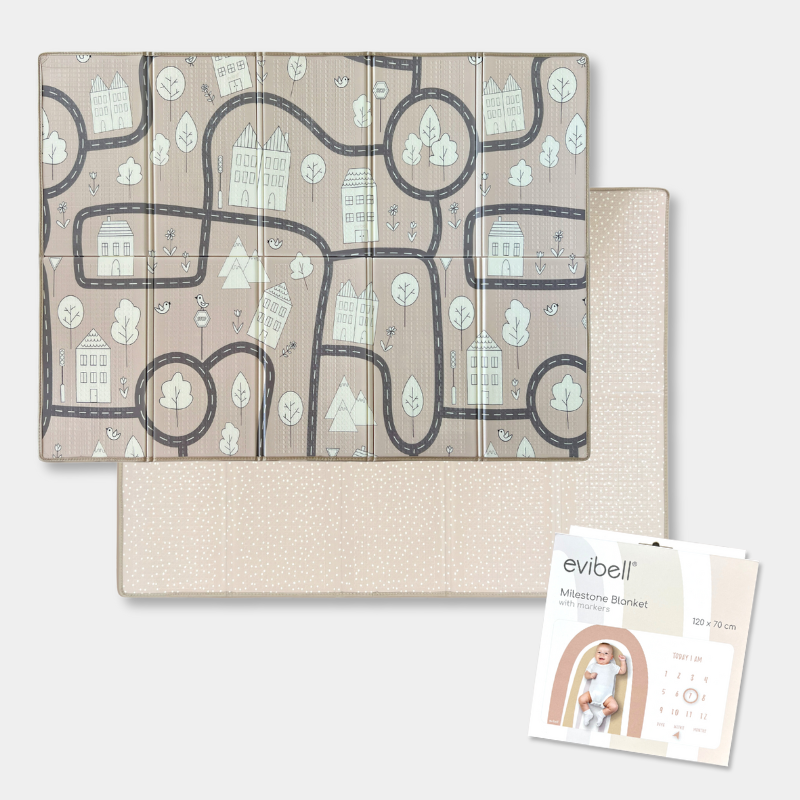 Evibell® Obojestranska igralna podloga 150x190 Dots/City Sand in Milestone odejica Blush