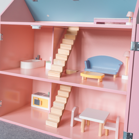 Evibell® Lesena hiška za punčke s pohištvom Pink