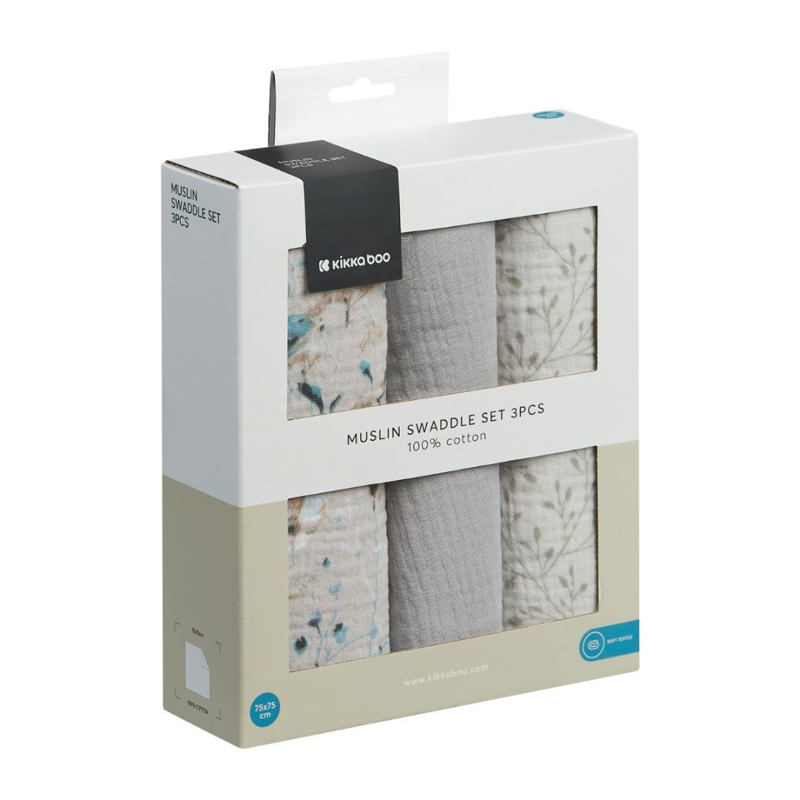 Slika za KikkaBoo® Tetra pelene od muslina 3 komada 75x75 cm Dreamy Fields Grey