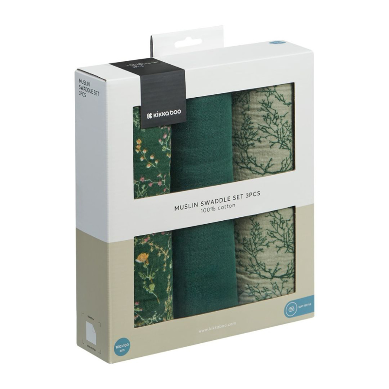 KikkaBoo® Povijalne pleničke iz muslina 3 kosi 100x100 cm Secret Garden Green