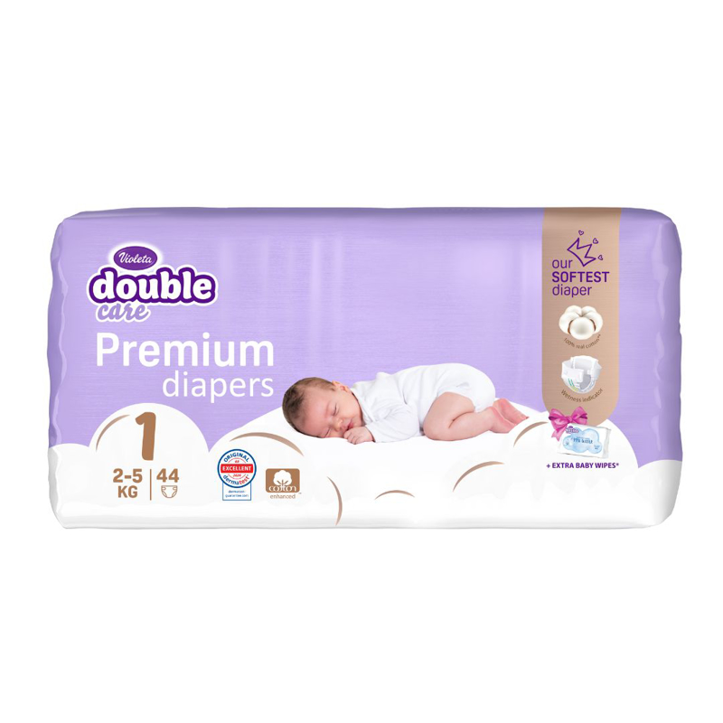 Immagine di Violeta® Pannolini Double Care Cotton Touch 1 Newborn (2-5 kg) 44 pz. + Salviettine umidificate Water Care