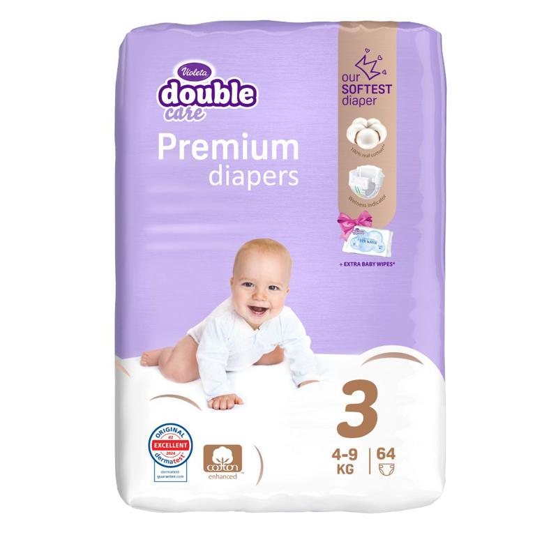 Violeta® Plenice Cotton Touch 3 Midi  (4-9 kg) 64 kosov + Vlažilni robčki Water Care